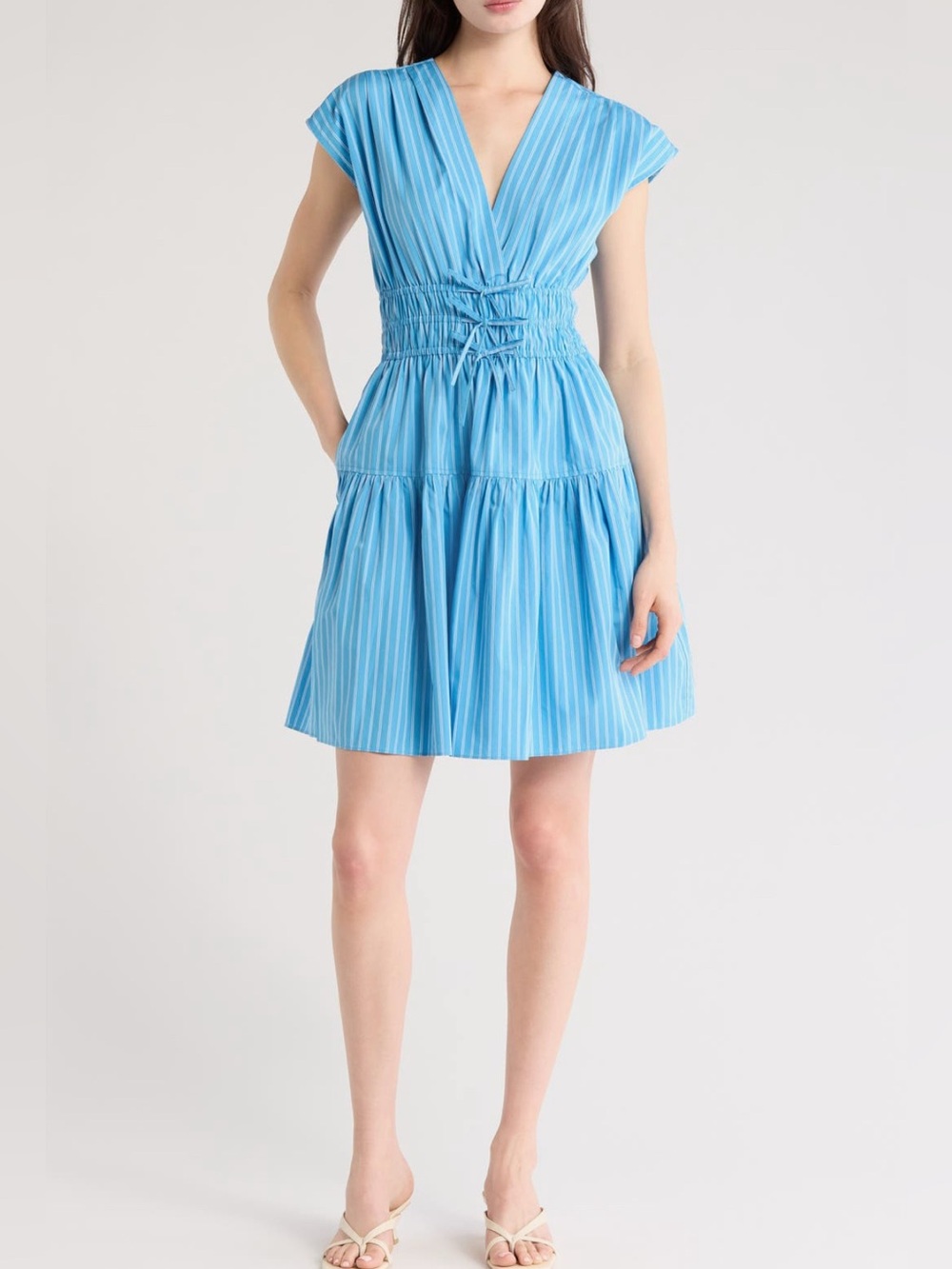 Derek Lam 10 Crosby Blue Striped Tie-Waist mini Dress NWT